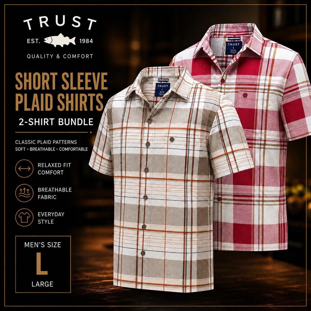 TRUST Men’s Linen Blend Shirts Large Lot of 2 Plaid Short Sleeve Button Up